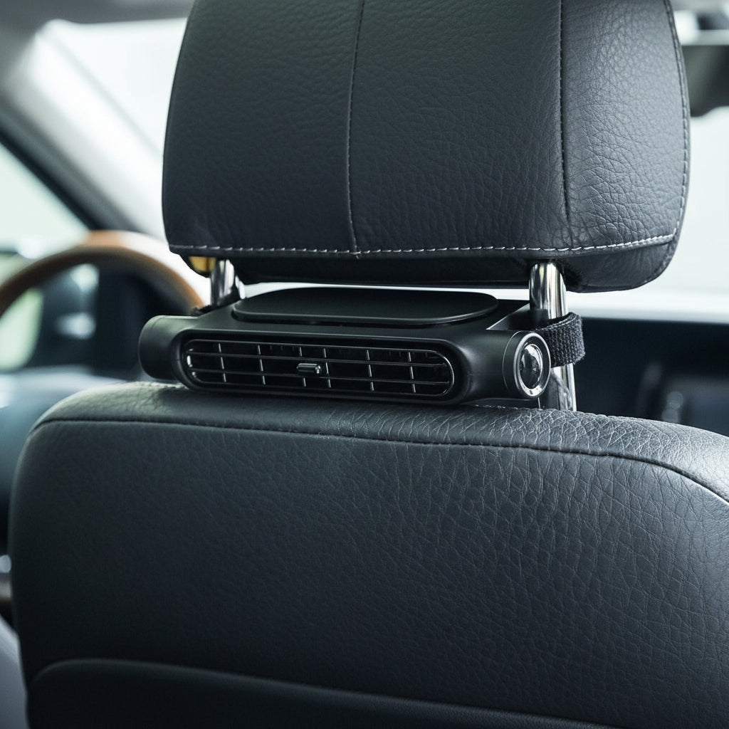 BreezeX Car Fan – Bladeless USB Headrest Mount for Comfortable Backseat Airflow 9